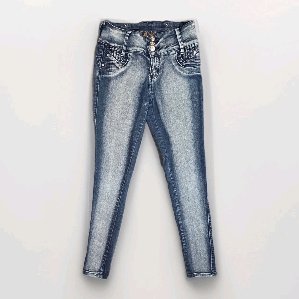 M Michel Womens High Waisted Acid Wash Skinny Jeans Blue Rhinestone Size 25